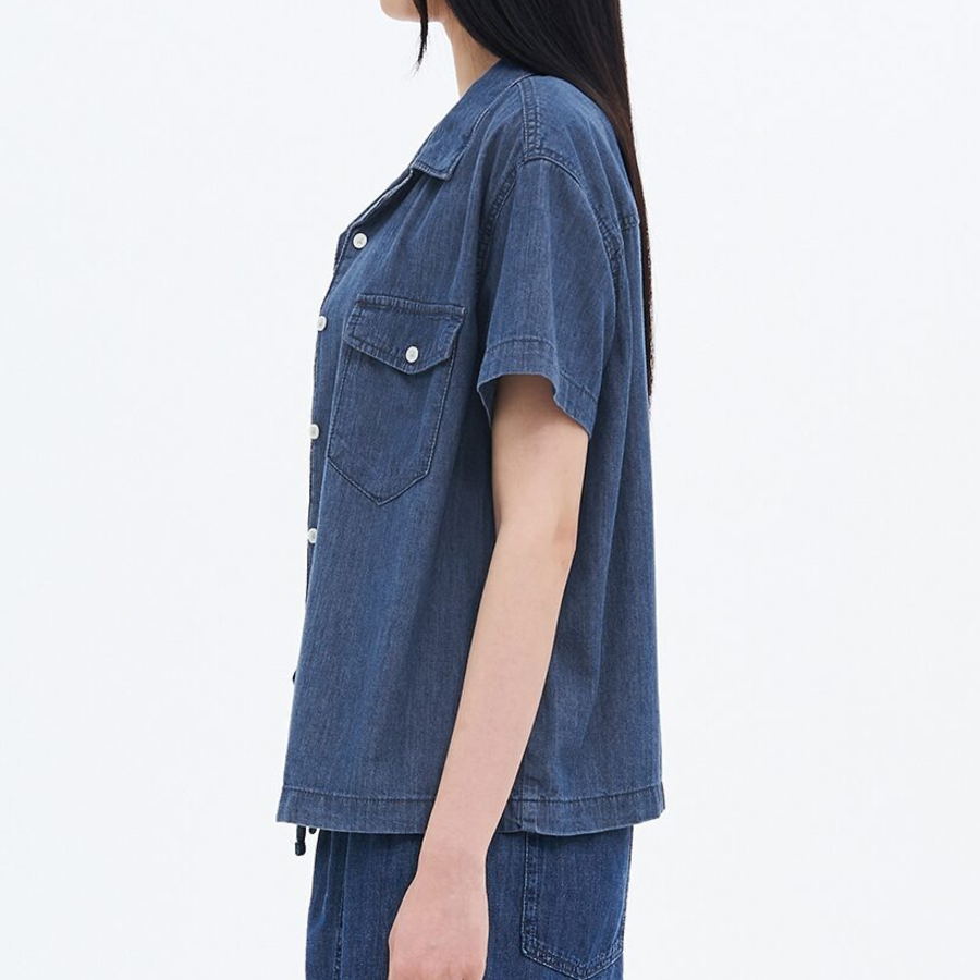 8 seconds Open Collar Denim Short Sleeve Shirt — Blue