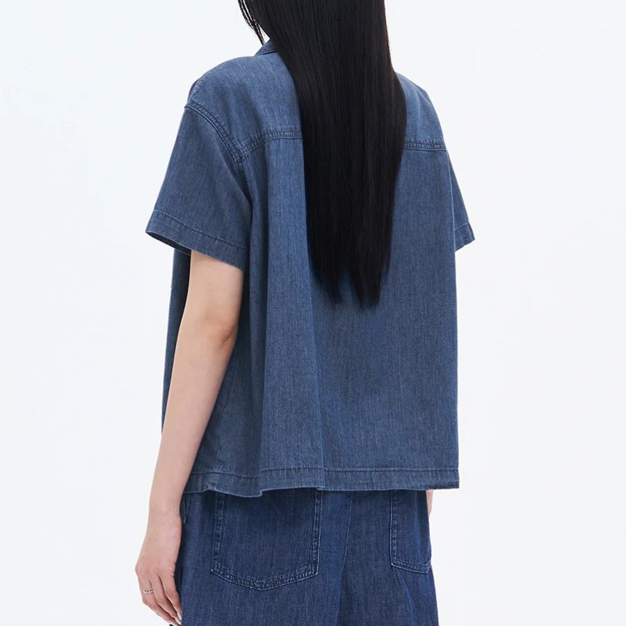 8 seconds Open Collar Denim Short Sleeve Shirt — Blue
