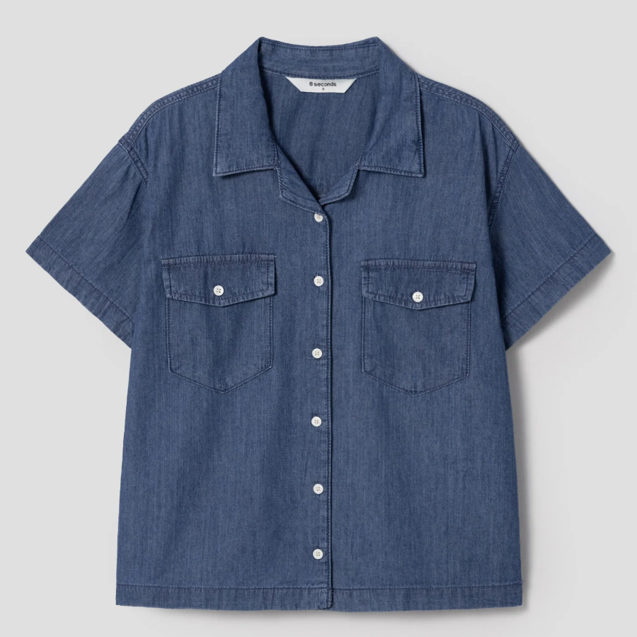 8 seconds Open Collar Denim Short Sleeve Shirt — Blue