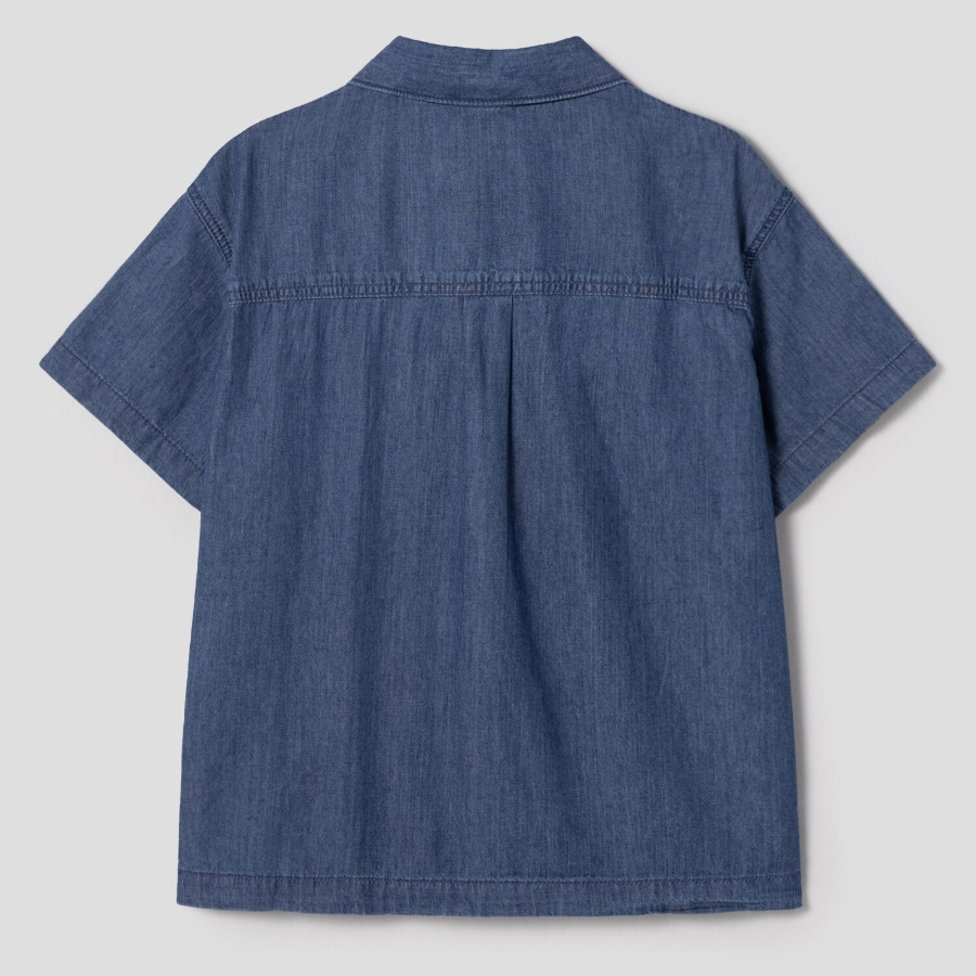 8 seconds Open Collar Denim Short Sleeve Shirt — Blue