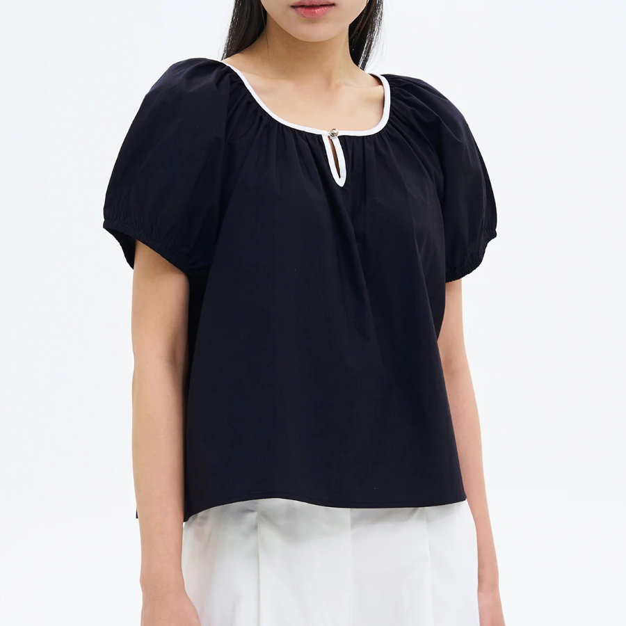 8 seconds Cotton Color-Block Short Sleeve Blouse — Navy