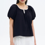 8 seconds Cotton Color-Block Short Sleeve Blouse — Navy