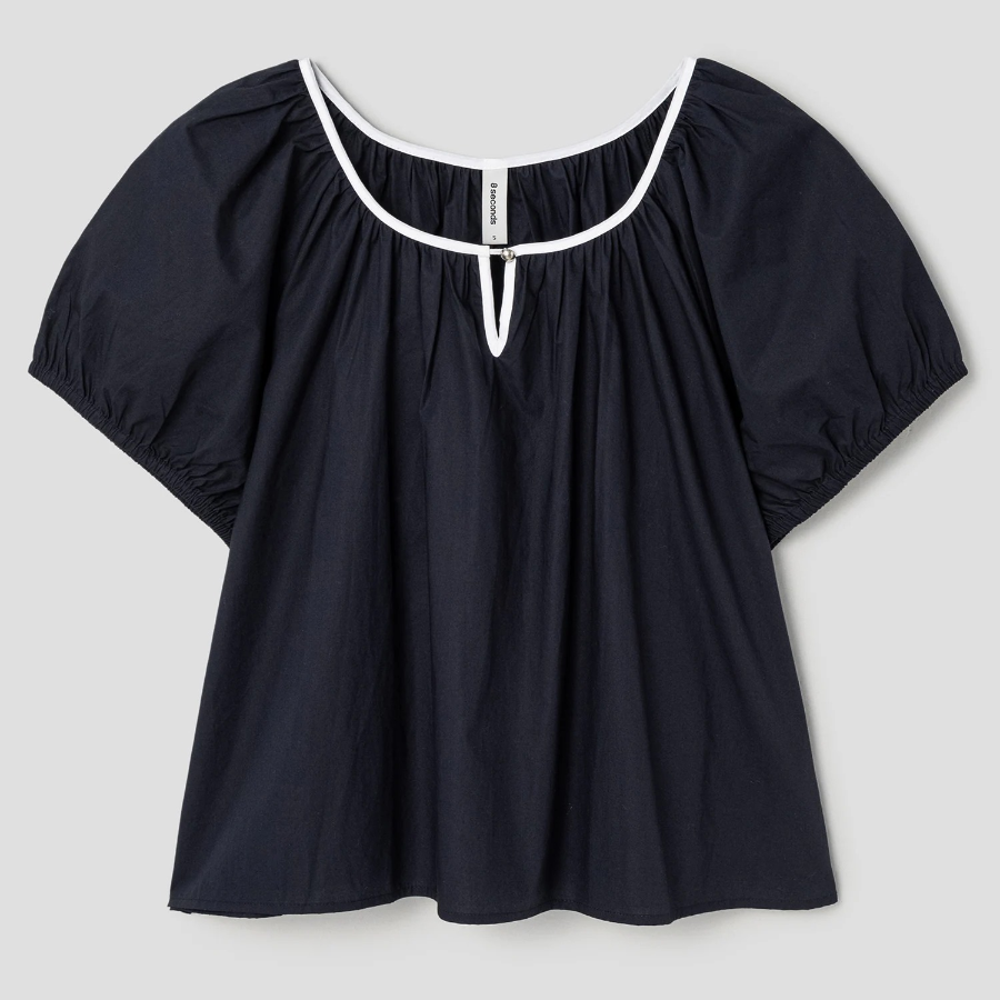 8 seconds Cotton Color-Block Short Sleeve Blouse — Navy