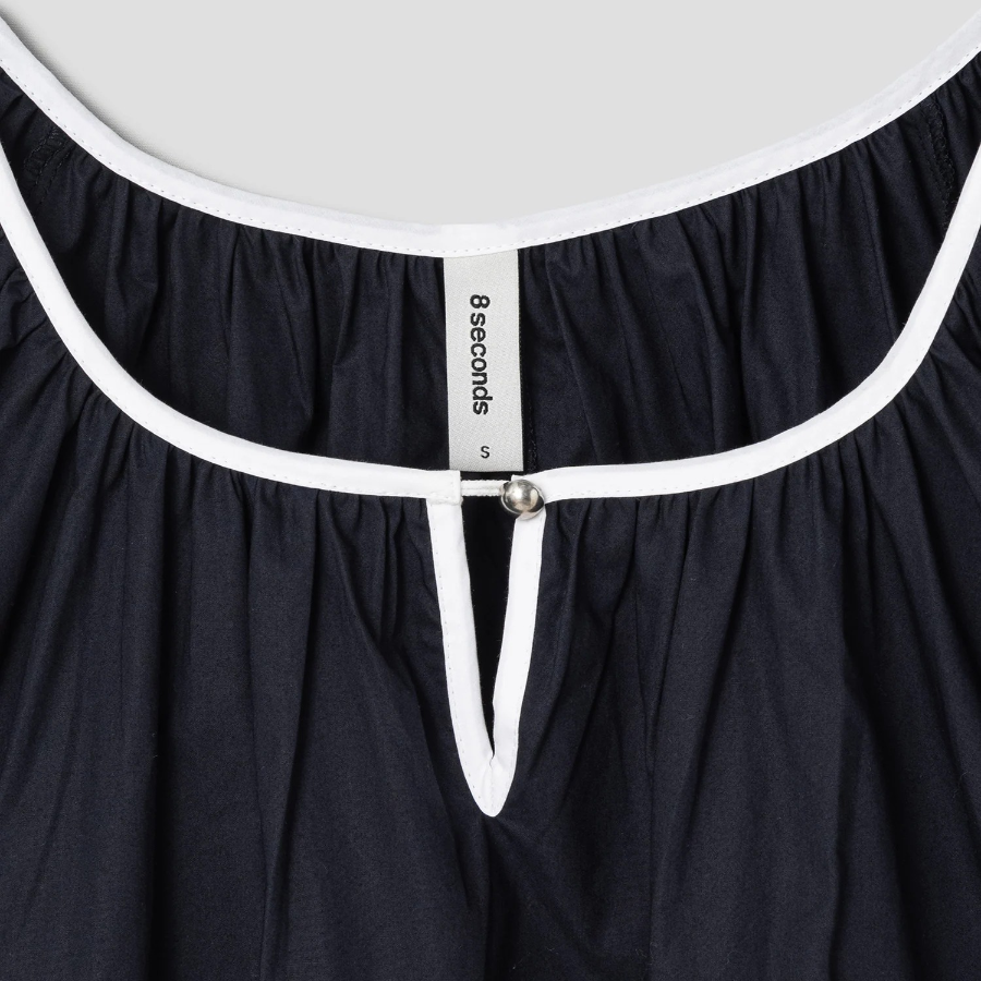 8 seconds Cotton Color-Block Short Sleeve Blouse — Navy