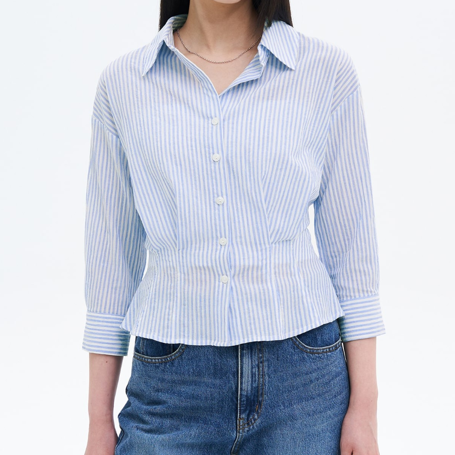 8 seconds Stripe String Collar Modified Blouse — Sky Blue