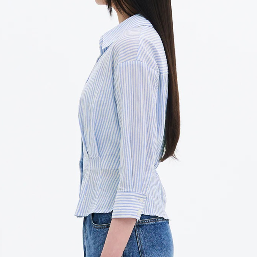 8 seconds Stripe String Collar Modified Blouse — Sky Blue