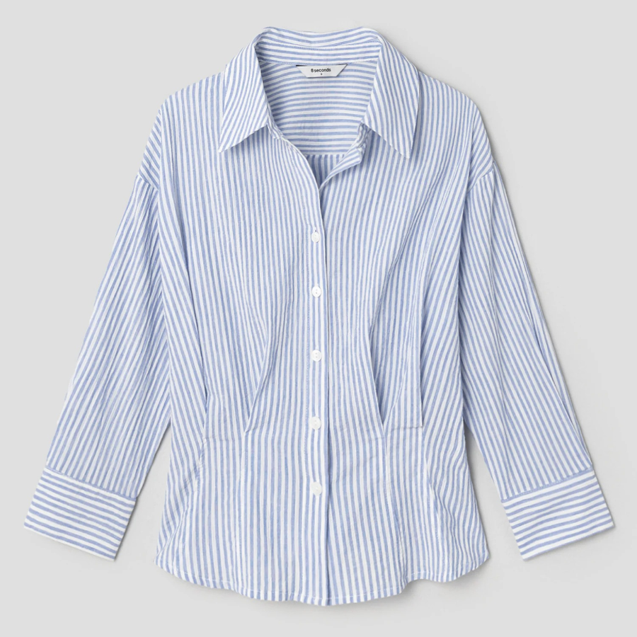 8 seconds Stripe String Collar Modified Blouse — Sky Blue