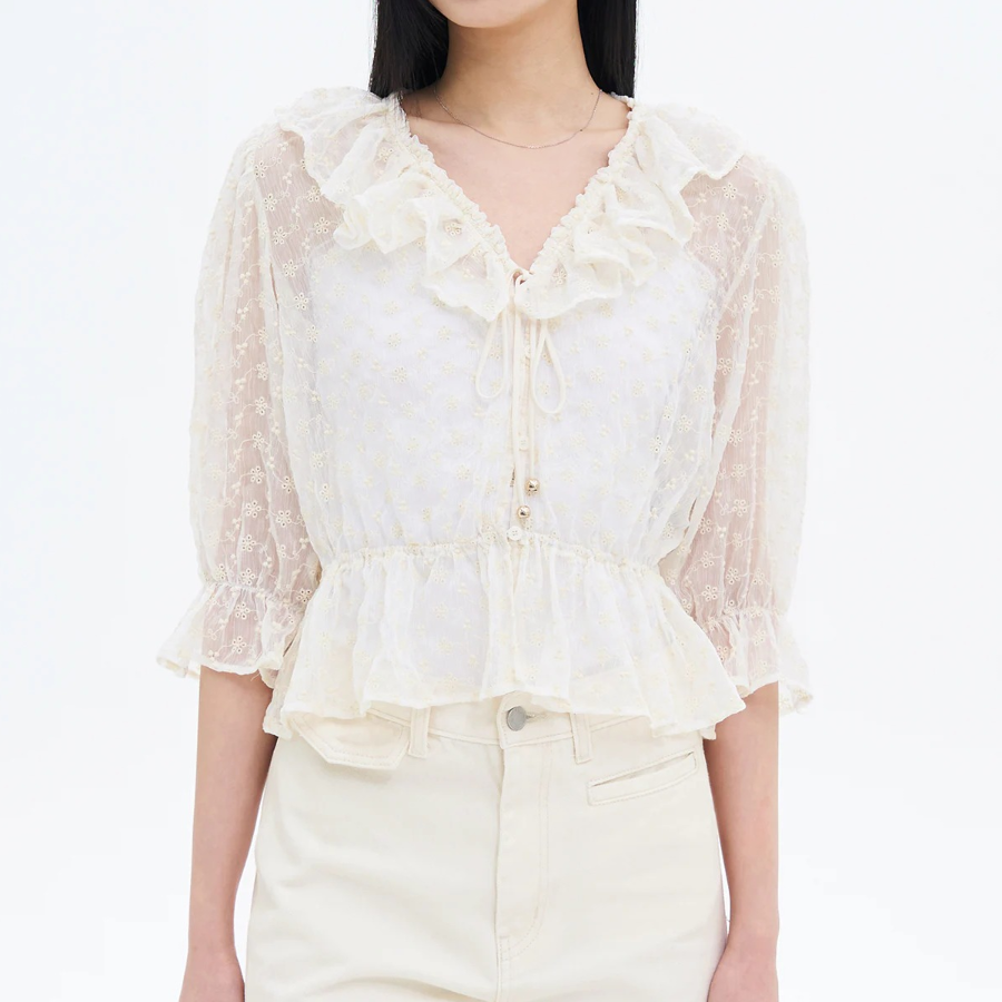 8 seconds Embroidered Frill Blouse — Ivory
