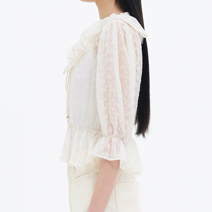 8 seconds Embroidered Frill Blouse — Ivory