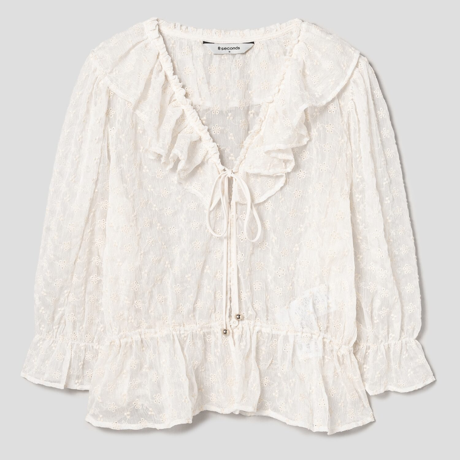 8 seconds Embroidered Frill Blouse — Ivory