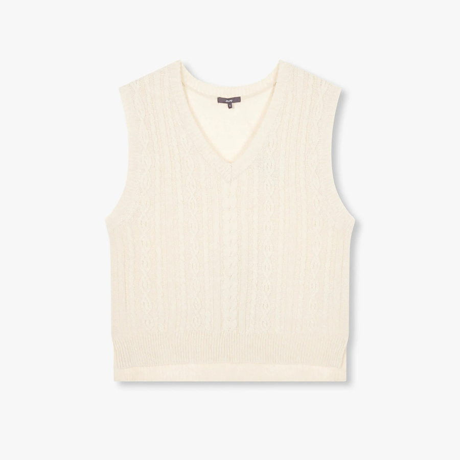 JAJU V-Neck Cable Vest – Beige