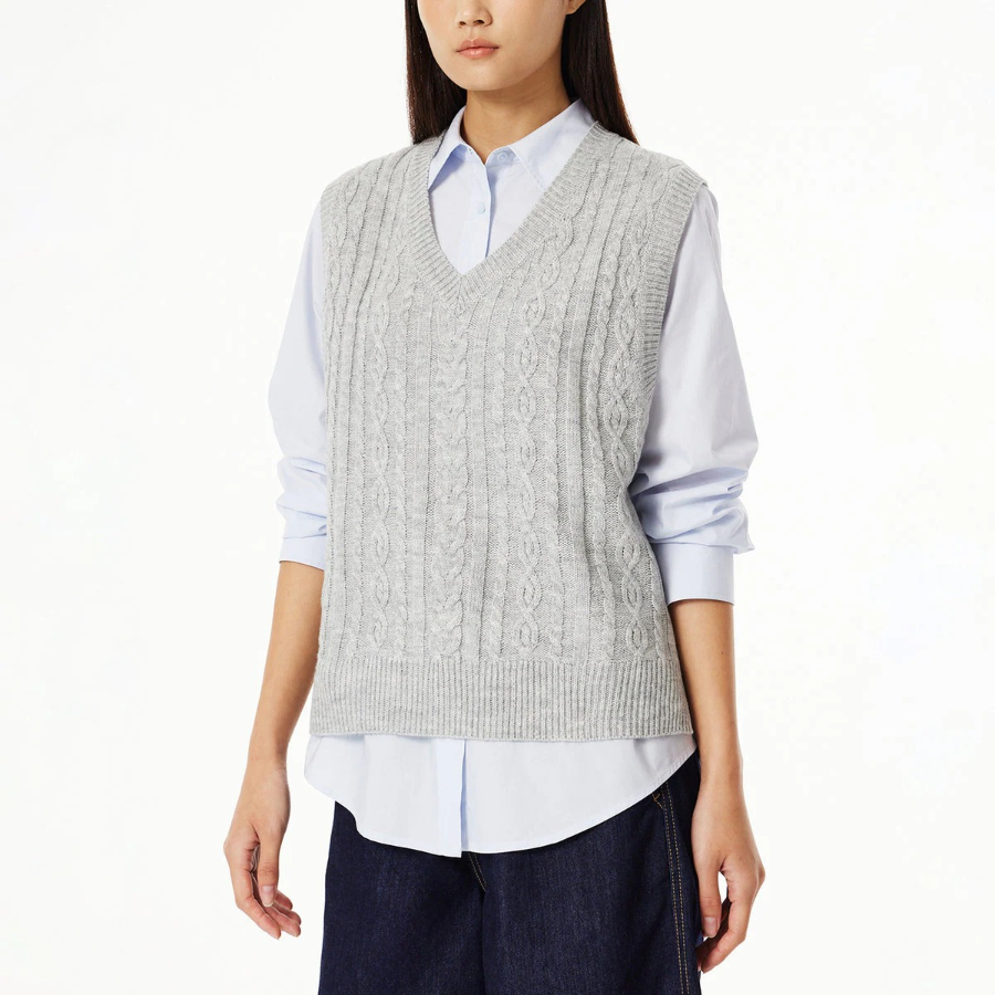 JAJU V-Neck Cable Vest – Melange Grey