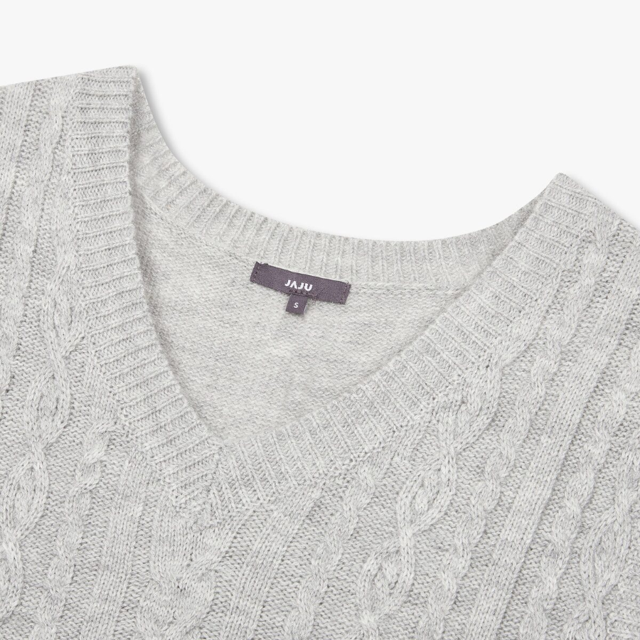 JAJU V-Neck Cable Vest – Melange Grey