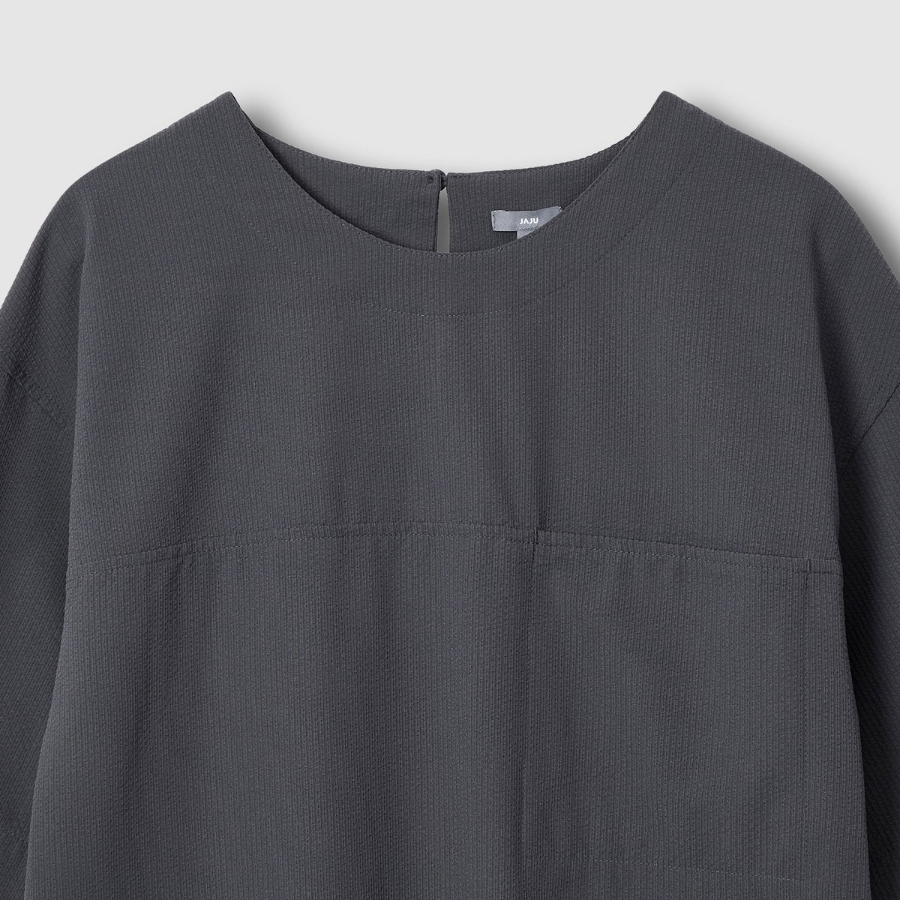 JAJU Seersucker Short-Sleeve Dress – Charcoal