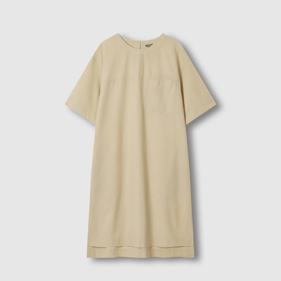 JAJU Seersucker Short-Sleeve Dress – Beige