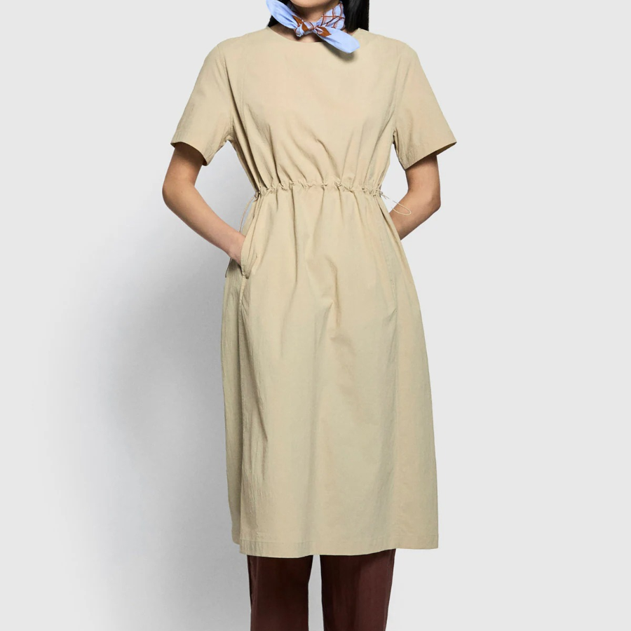 JAJU Seersucker Short-Sleeve Dress – Beige