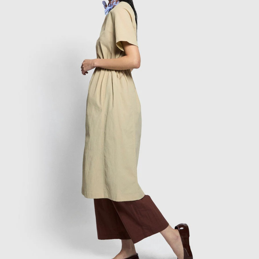 JAJU Seersucker Short-Sleeve Dress – Beige