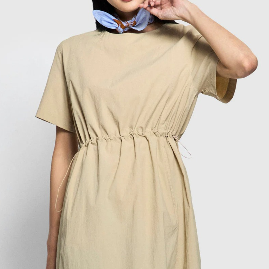 JAJU Seersucker Short-Sleeve Dress – Beige
