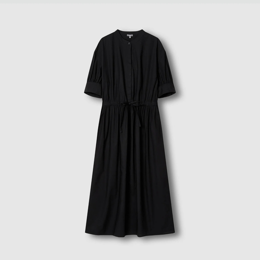 JAJU Cotton Shirt String Short-Sleeve Dress – Black