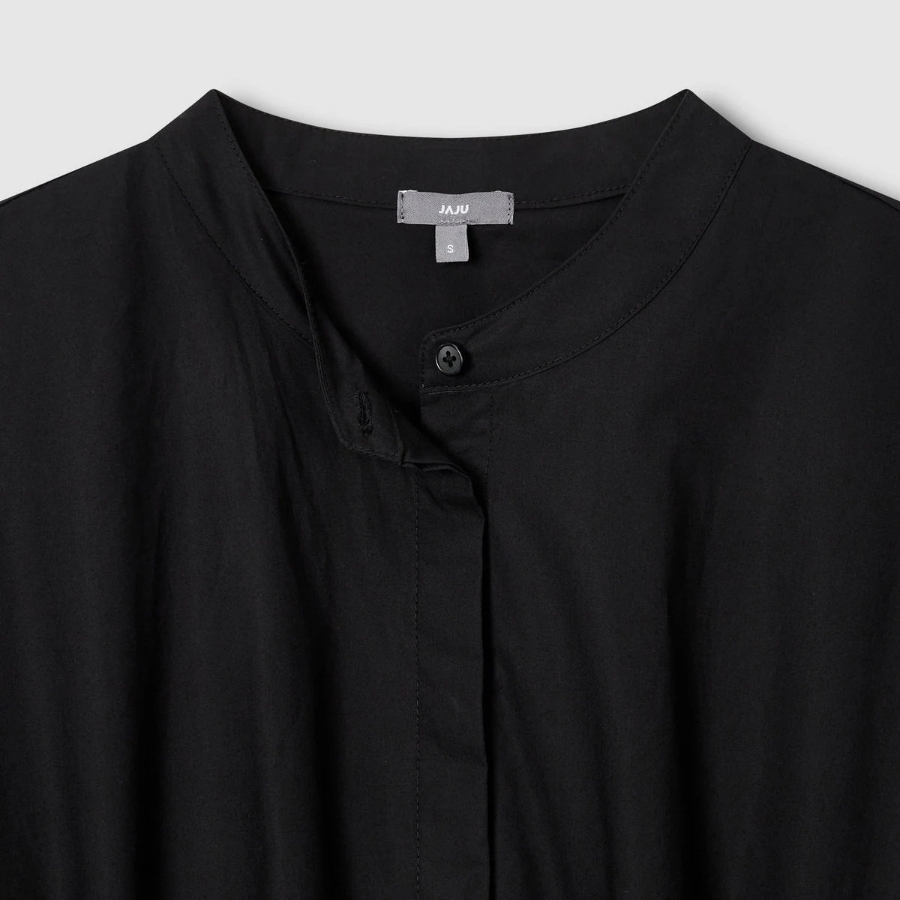 JAJU Cotton Shirt String Short-Sleeve Dress – Black