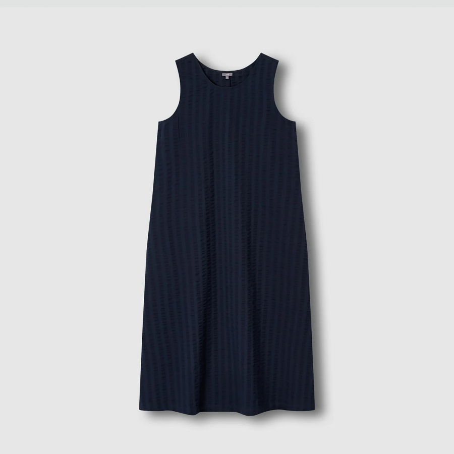 JAJU Cotton Seersucker Sleeveless Dress – Navy
