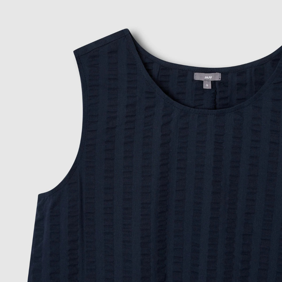 JAJU Cotton Seersucker Sleeveless Dress – Navy