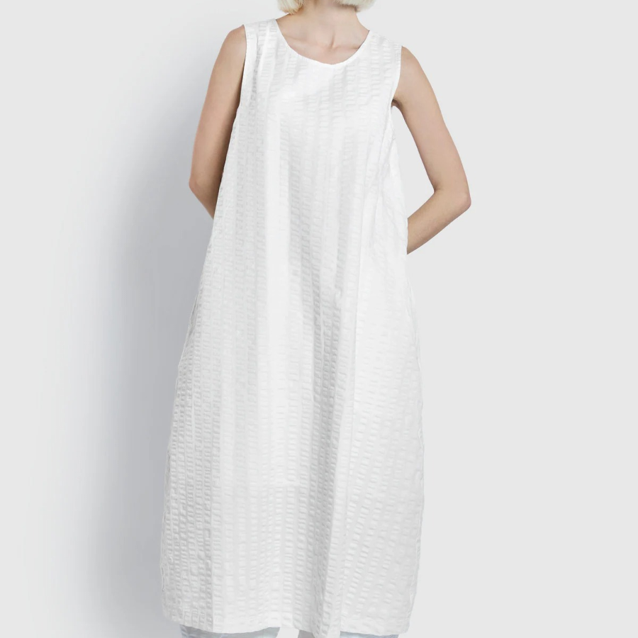 JAJU Cotton Seersucker Sleeveless Dress – White