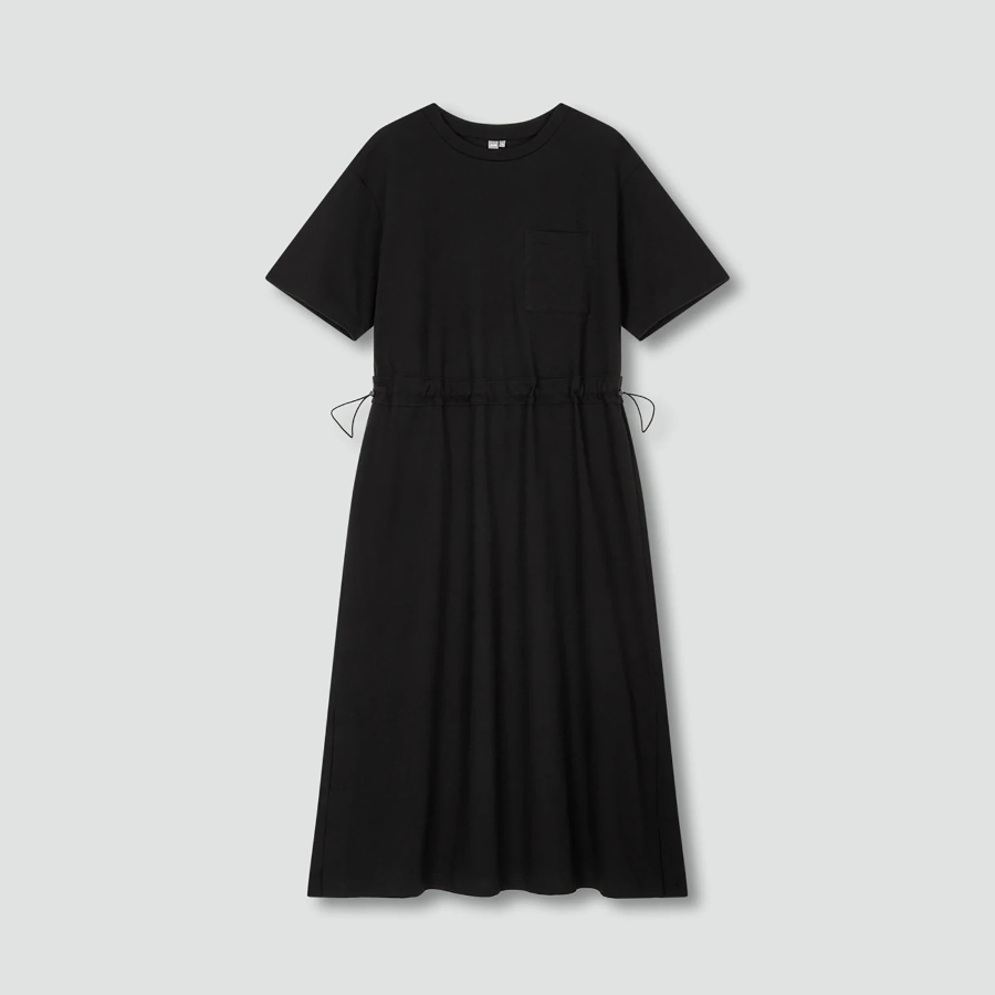 JAJU Cotton String Short-Sleeve Dress – Black