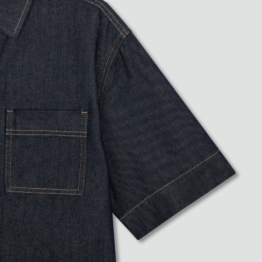 JAJU Collar Denim Half-Sleeve Dress – Navy