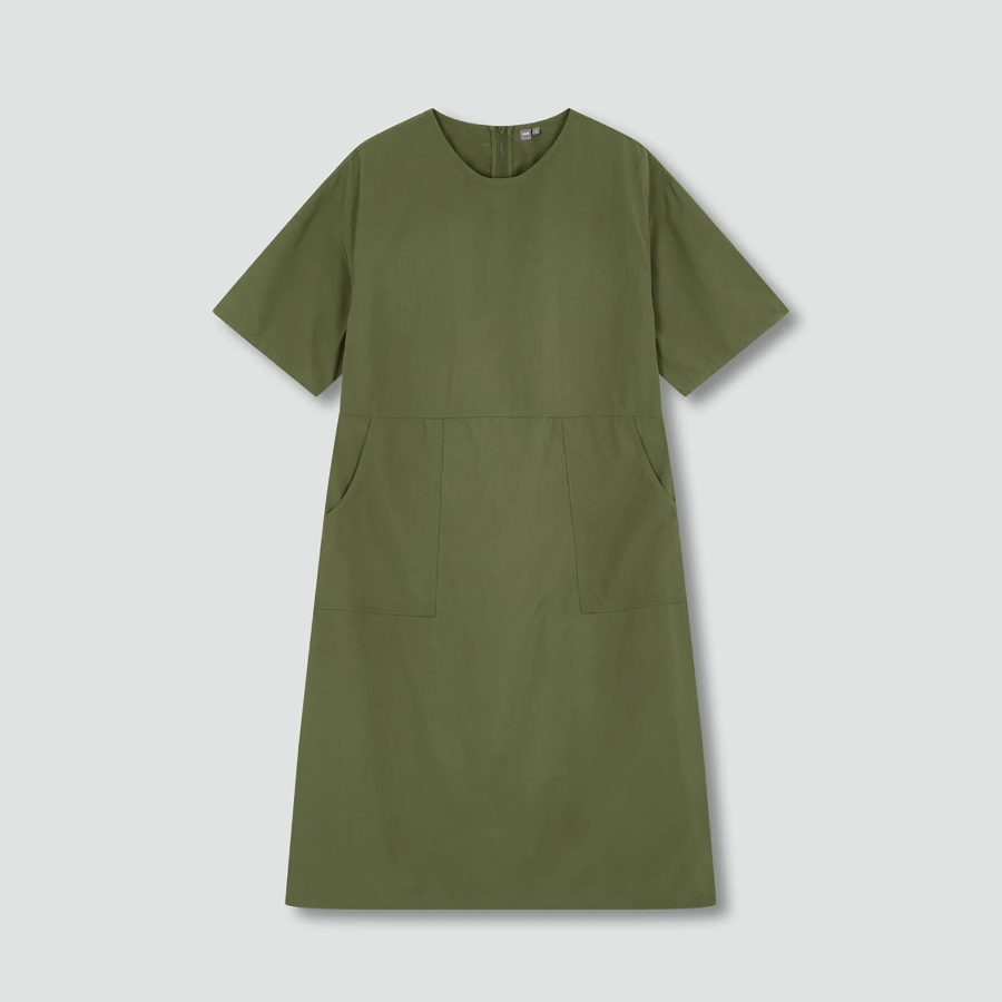 JAJU Square Texture Stitch Short-Sleeve Dress – Khaki
