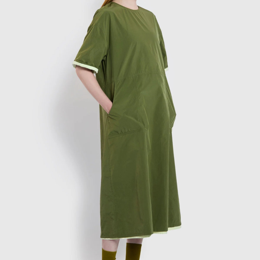 JAJU Square Texture Stitch Short-Sleeve Dress – Khaki