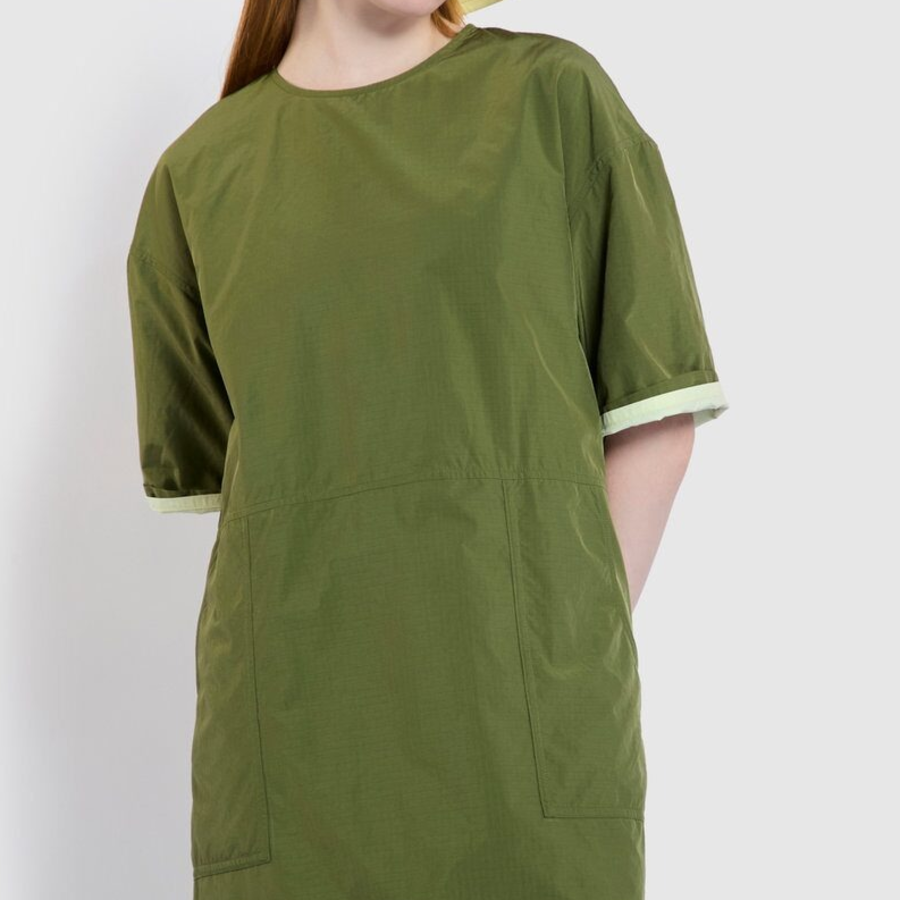 JAJU Square Texture Stitch Short-Sleeve Dress – Khaki