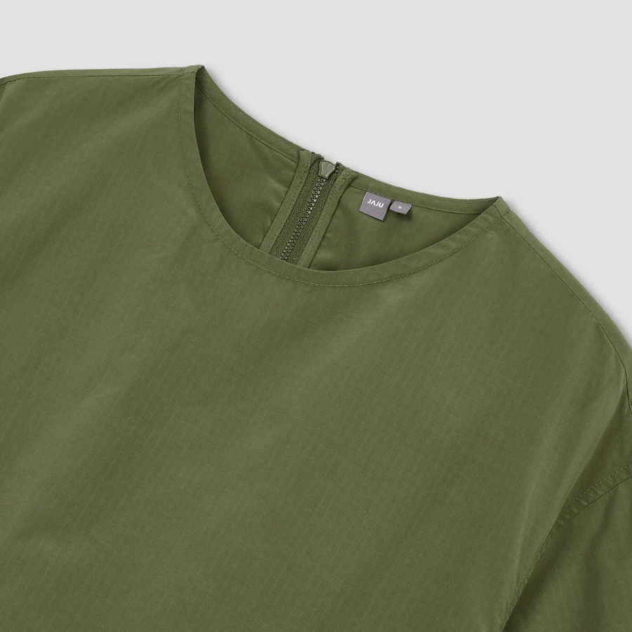 JAJU Square Texture Stitch Short-Sleeve Dress – Khaki