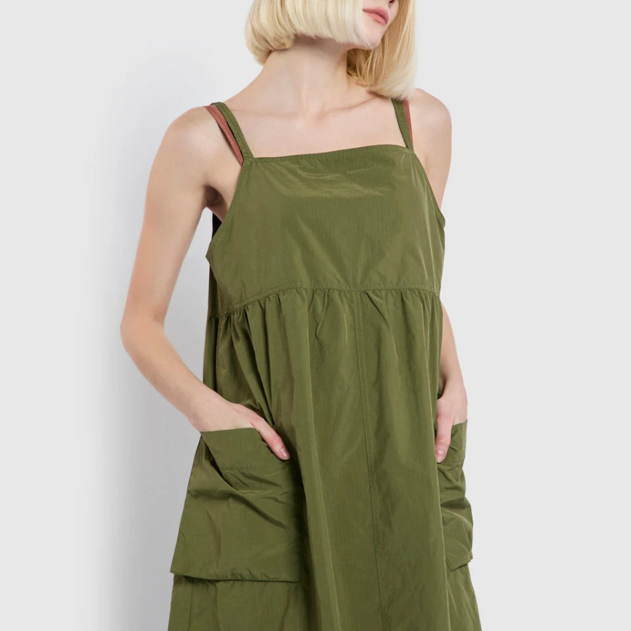 JAJU Square Texture Stitch Bustier Cargo Dress – Khaki