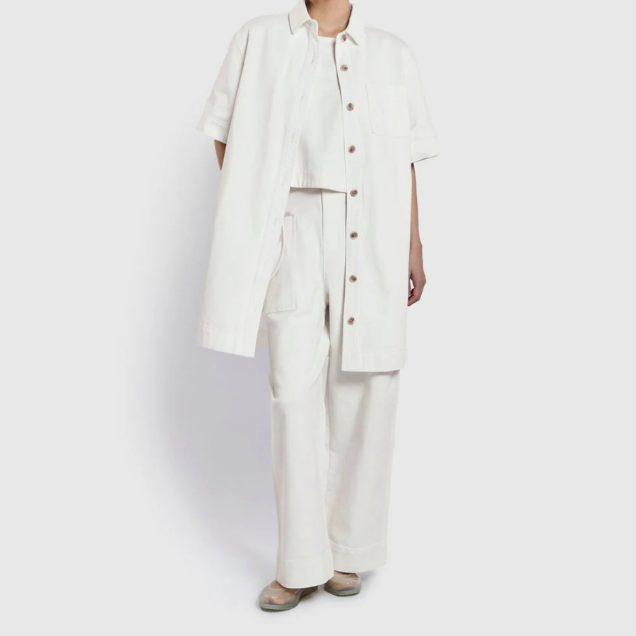 JAJU Collared Half-Sleeve Denim Dress – Ivory