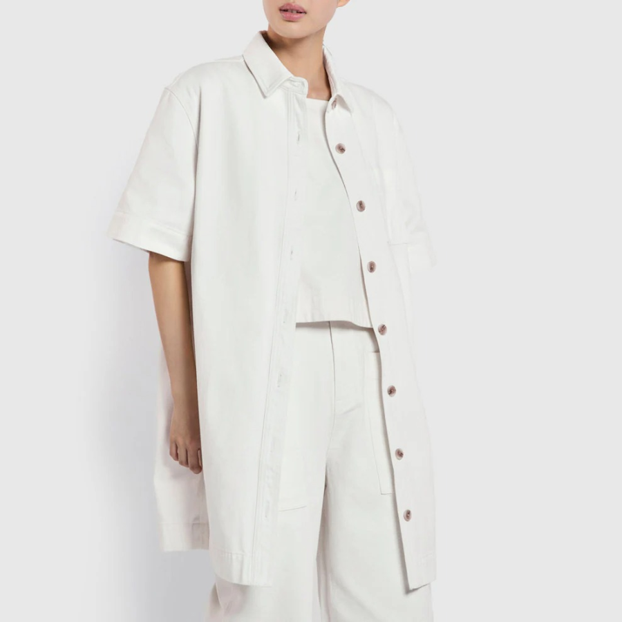 JAJU Collared Half-Sleeve Denim Dress – Ivory