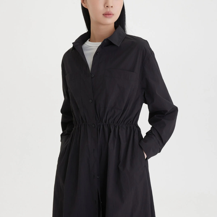 JAJU Long-Sleeve Waist-String Dress – Black