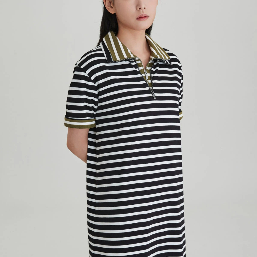 JAJU Cotton Collar Short-Sleeve Dress – Black