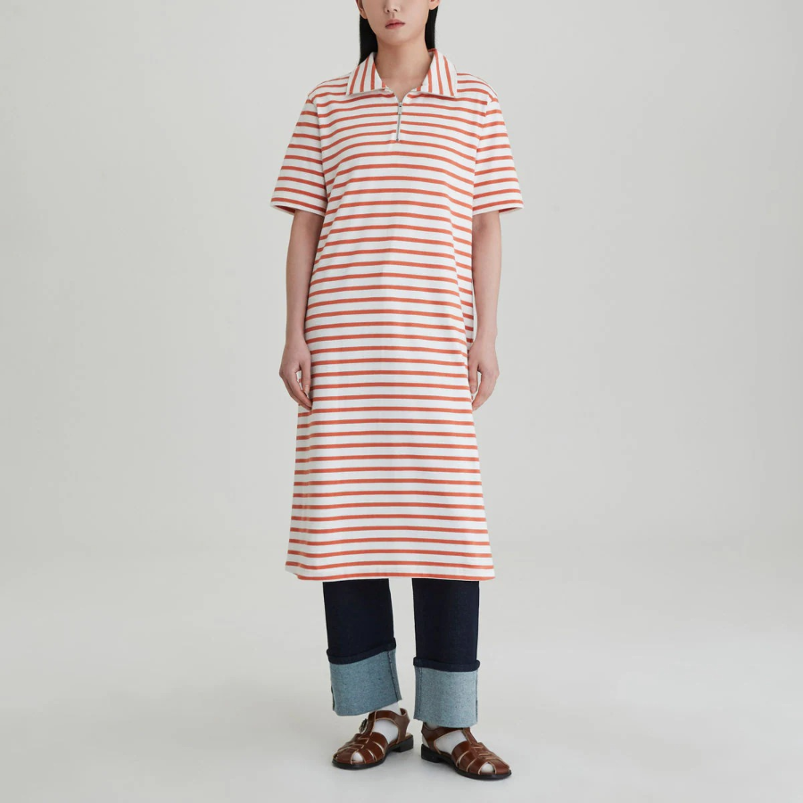 JAJU Cotton Collar Short-Sleeve Dress – Orange