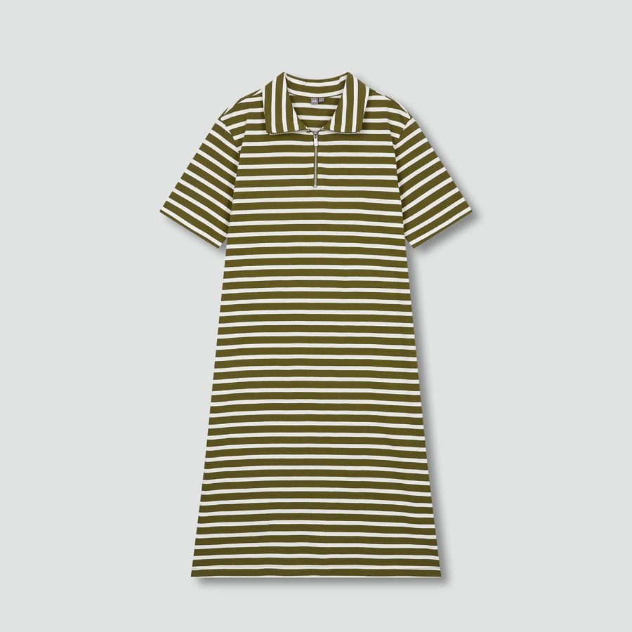 JAJU Cotton Collar Short-Sleeve Dress – Khaki