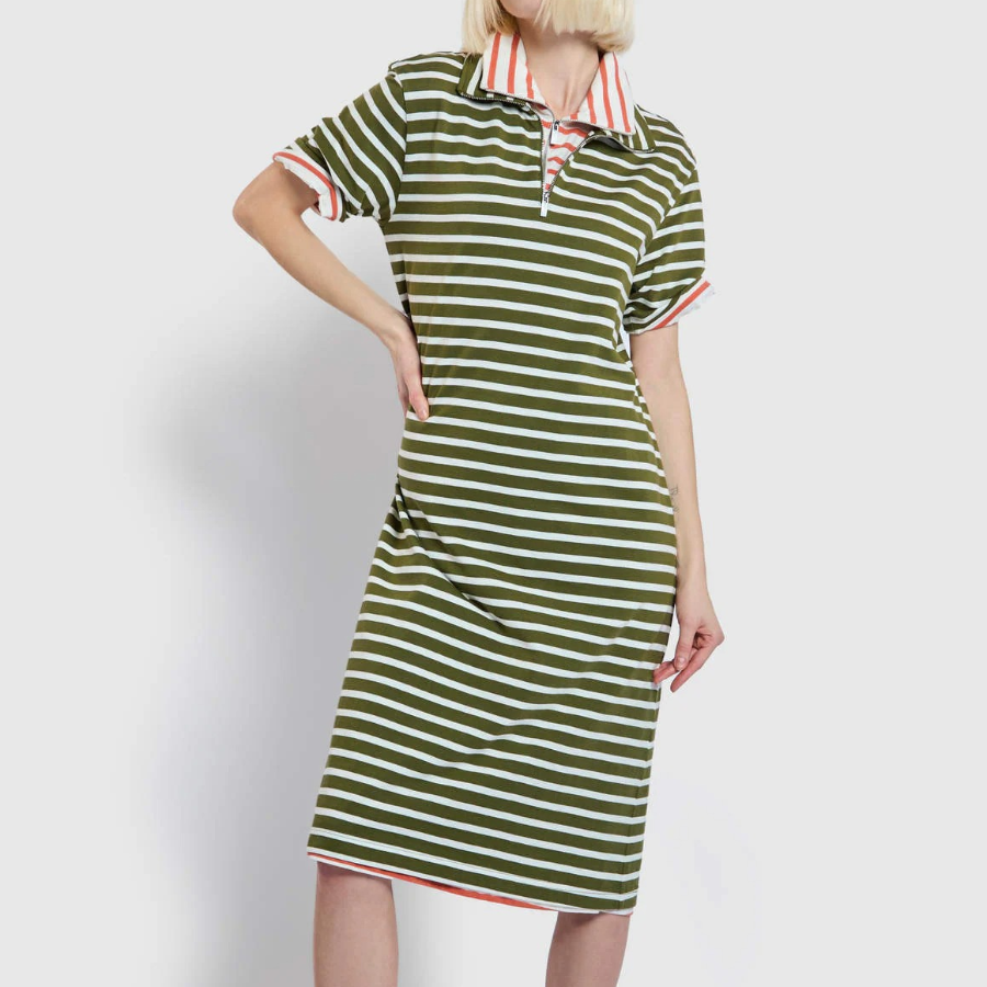 JAJU Cotton Collar Short-Sleeve Dress – Khaki