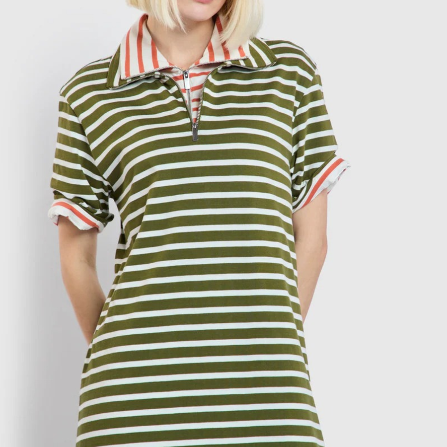 JAJU Cotton Collar Short-Sleeve Dress – Khaki