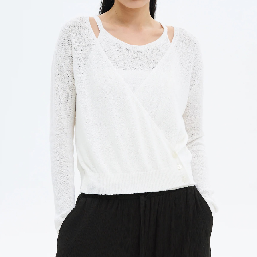 8 seconds Paper Yarn Halterneck Sleeveless Layered Cardigan — White