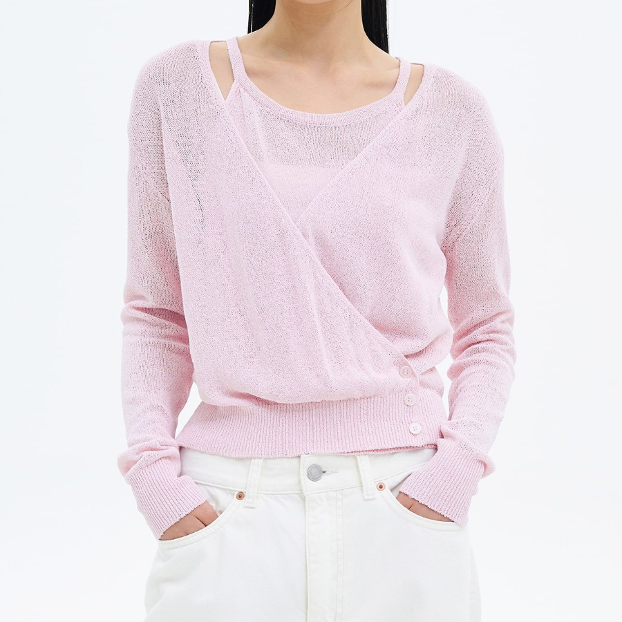 8 seconds Paper Yarn Halterneck Sleeveless Layered Cardigan — Light Pink