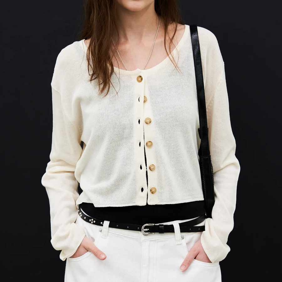 8 seconds Linen Blend Round Neck Cardigan — Ivory