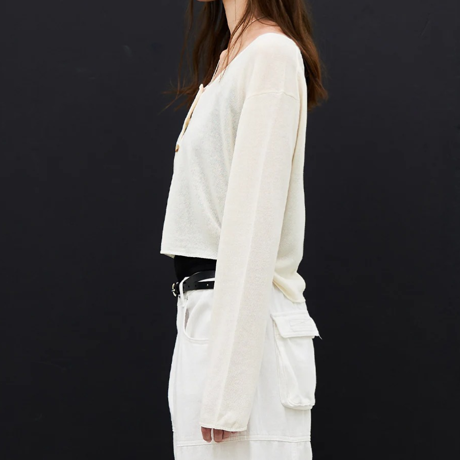 8 seconds Linen Blend Round Neck Cardigan — Ivory