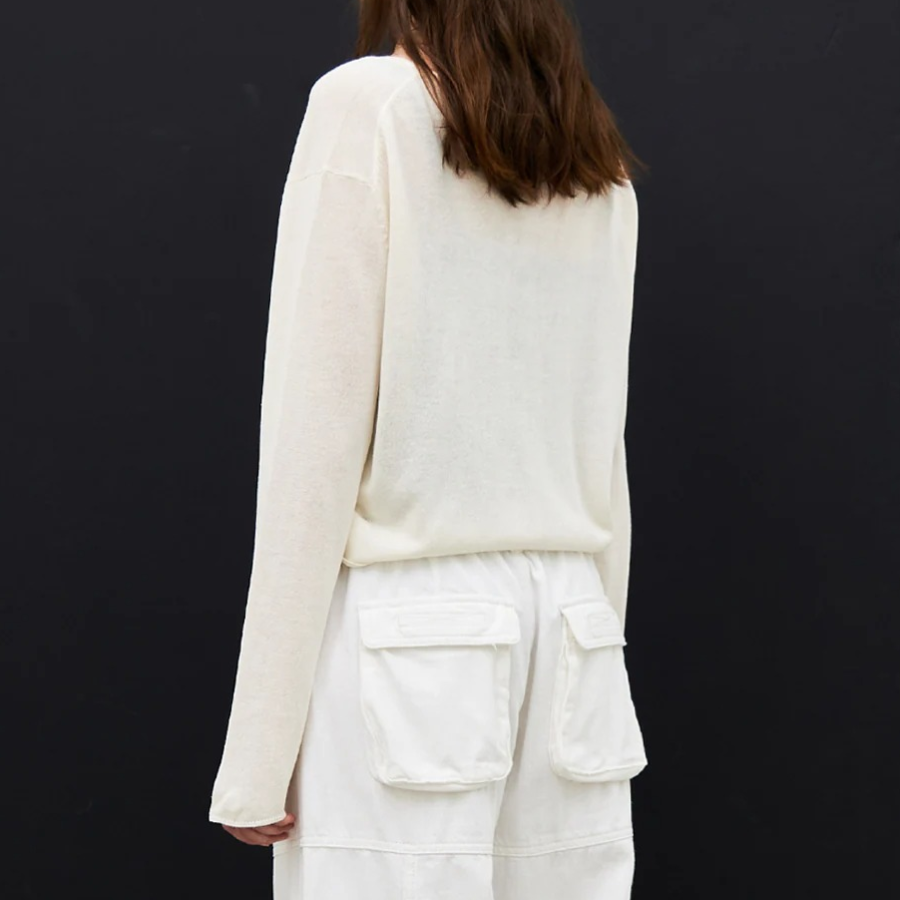 8 seconds Linen Blend Round Neck Cardigan — Ivory