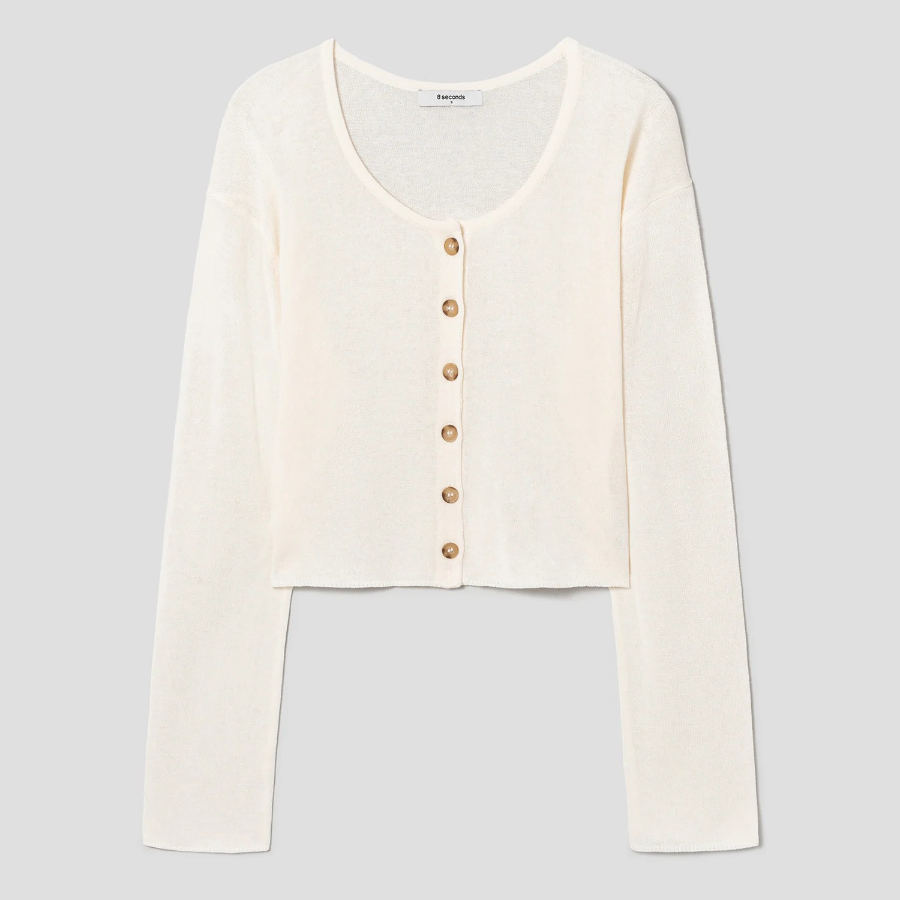 8 seconds Linen Blend Round Neck Cardigan — Ivory
