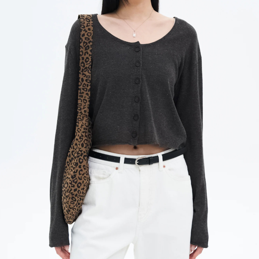 8 seconds Linen Blend Round Neck Cardigan — Ash