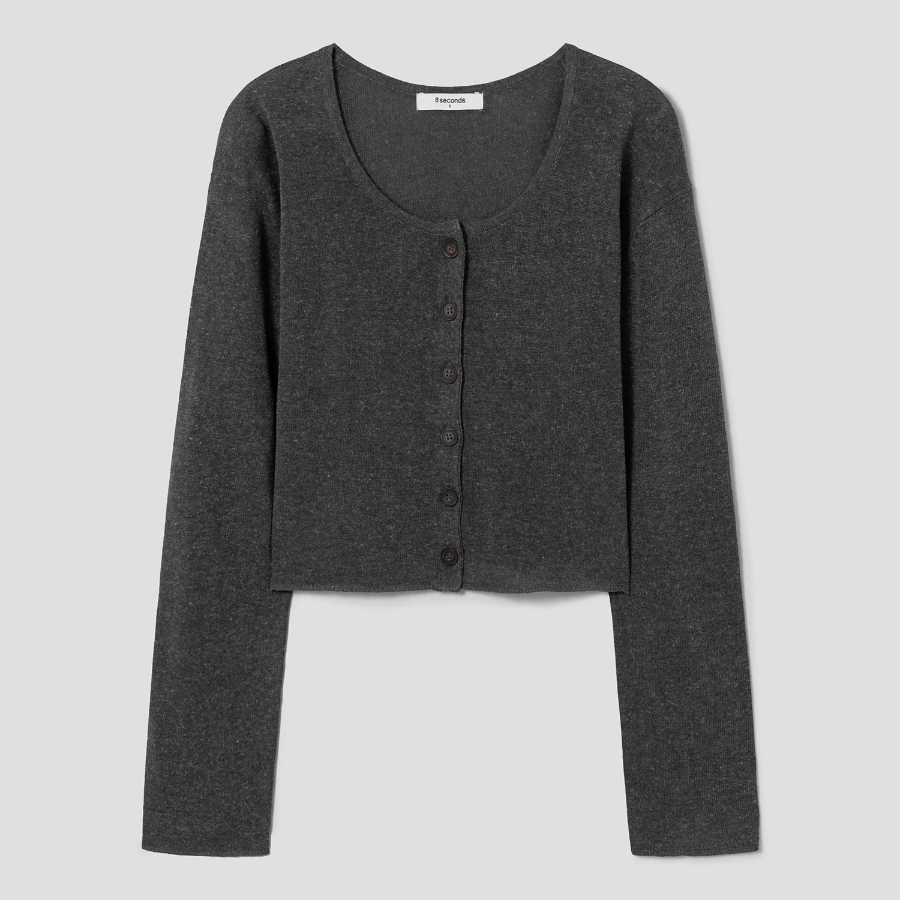 8 seconds Linen Blend Round Neck Cardigan — Ash